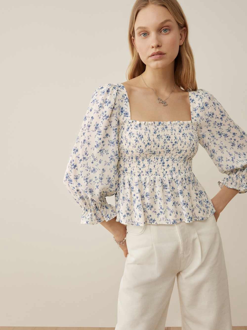 NWOT Reformation Braelyn Long Sleeve Ditsy Floral Smocked Peplum Balloon Sleeves